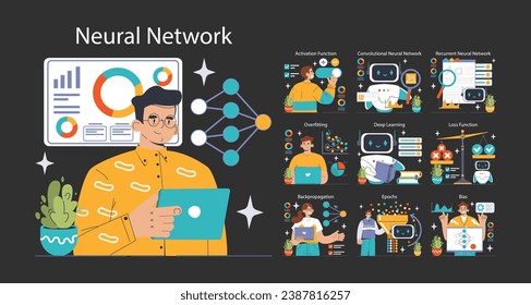 Neural Network dark or night mode set. Machine learning key concepts. Convolutional, recurrent networks, deep learning insights. Loss function, bias, epochs. vector illustration