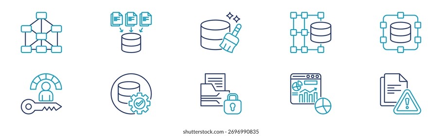 Neural Network, Data Collection, Data Cleaning, Structured, Unstructured Data, Data Quality, Security, Kpi, Dashboard, Report Blue Outline Icon Set Vector Illustration.
