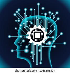 Neural network. Deep learning. Artificial intelligence concept. Robot face and building abstract background