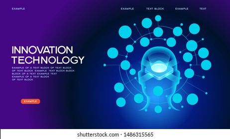Neural network. Deep learning. Artificial intelligence concept. Robot face and building abstract background