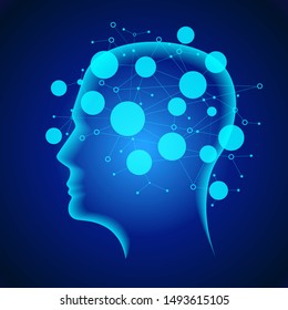 Neural network. Deep learning. Artificial intelligence concept. Robot face and building abstract background