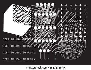Neural network and Deep learning concept illustration in futuristic cyberpunk sytle. Artificial intelligence, cybernetics and computer science poster.