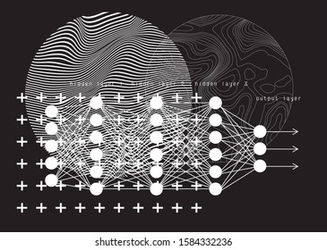 Neural network and Deep learning concept illustration in futuristic cyberpunk sytle. Artificial intelligence, cybernetics and computer science poster.