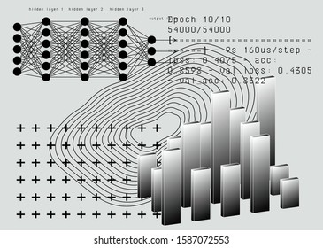 Neural network and Deep learning concept illustration in futuristic cyberpunk sytle. Artificial intelligence, cybernetics and computer science poster.