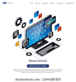 Neural network, deep learning, digital mind, artificial intelligence 3d isometric vector concept illustration