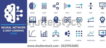 Neural network and deep learning icons set featuring AI, machine learning, CNN, RNN, training, activation, and classification symbols in flat, modern vector style.



