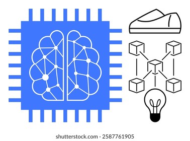 Neural network depicted in a blue microchip. Black and white blockchain graphic beside a shoe design and lightbulb. Ideal for technology, innovation, neural networks, AI, blockchain, design thinking