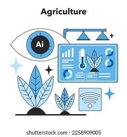 Neural network development trend in agriculture. Self-learning computing system processing different types of data. Modern deep machine learning technology. Flat vector illustration