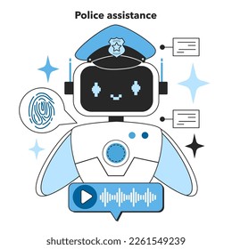 Neural network development trend in police assistance. Self-learning computing system processing different types of data. Modern deep machine learning technology. Flat vector illustration