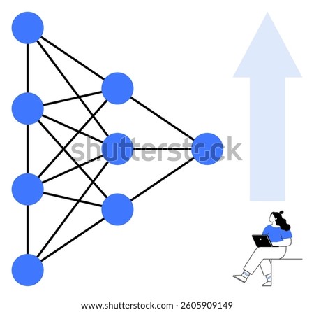 Neural network diagram with blue nodes interconnected by lines, woman sitting with laptop, upward trend arrow. Ideal for artificial intelligence, machine learning, education, research, technology