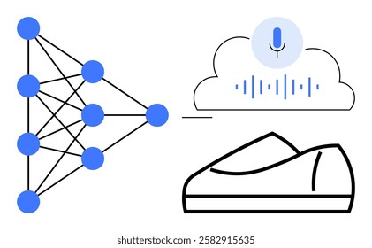 Neural network diagram connected to cloud with voice input and smart shoe. Ideal for technology innovation, AI development, smart devices, voice control systems, machine learning, healthcare
