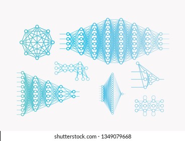 A lot of  Neural network diagram, input and output data, hidden layers. Data analysis, concept pattern, white background