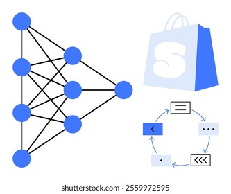 A neural network diagram with interconnected blue nodes, a blue shopping bag, and a circular process flowchart with arrows and blocks. Ideal for AI, machine learning, e-commerce, data processing