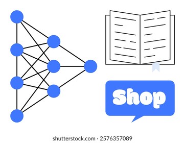 Neural network diagram, open book, and shop sign in blue, black, and white. Ideal for technology, artificial intelligence, education, e-commerce, and digital marketing. Simple vector style