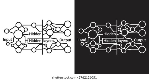 Neural network diagram showing input, hidden layers, and output nodes in a schematic vector illustration