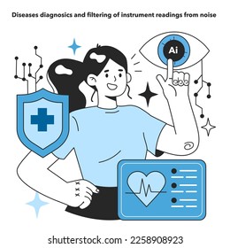 Neural network in diseases diagnosics and filtering of instrument readings from noise. Self-learning computing system processing data. Modern deep machine learning technology. Flat vector illustration