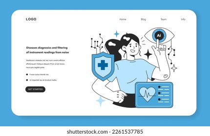 Neural network in diseases diagnosics and filtering of instrument readings from noise. Self-learning computing system processing data. Modern deep machine learning technology. Flat vector illustration