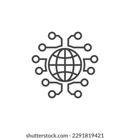 Neural Network with Earth Globe vector Global Brain concept icon or symbol in outline style 