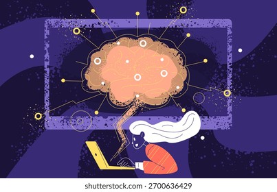 Neural network education. Deep learning ai digital brain structure, person trains artificial intelligence data study generative knowledge technology, classy vector illustration