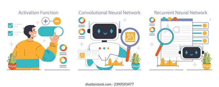 Neural Network Explained set. Dive into machine learning with visuals on Activation Function, Convolutional and Recurrent Neural Networks. Insights to deep learning. Flat vector illustration