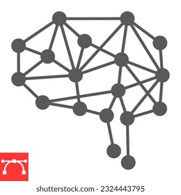 Neural network glyph icon, technology and artificial intelligence, ai brain concept vector icon, vector graphics, editable stroke solid sign, eps 10.