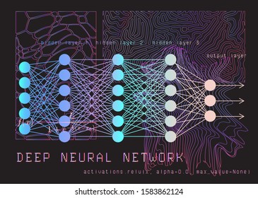 Neural network graphic scheme. Artificial intelligence, cybernetics and computer science concept.