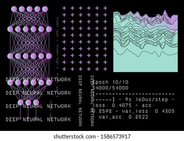 Neural network graphic scheme, charts and graphs on dark background. Modern futuristic poster for Artificial intelligence or Data Science Hackathon.