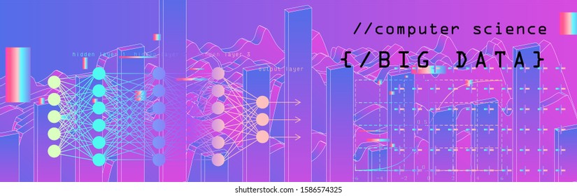 Neural network graphic scheme, charts and graphs on dark background. Modern futuristic poster for Artificial intelligence or Data Science Hackathon.
