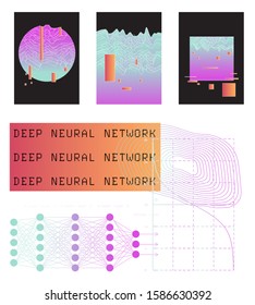 Neural network graphic scheme, charts and graphs. Modern futuristic poster for Artificial intelligence or Data Science Hackathon.