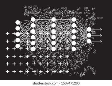 Neural network graphic scheme, charts and graphs on dark background. Modern futuristic poster for Artificial intelligence or Data Science Hackathon.