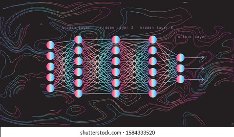 Neural network graphic scheme and  gradient descent visualization. Artificial intelligence, cybernetics and computer science concept.