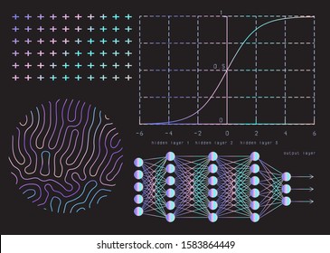 Neural network graphic scheme and Softmax (or normalized exponential) activation function. Artificial intelligence, cybernetics and computer science concept.