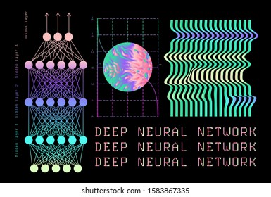 Neural network graphic scheme and Softmax (or normalized exponential) activation function. Artificial intelligence, cybernetics and computer science concept.