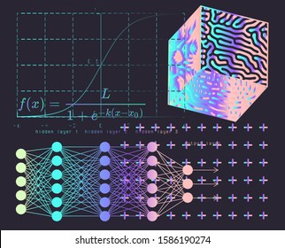 Neural network graphic scheme and Softmax (or normalized exponential) activation function. Modern futuristic poster for Artificial intelligence or Data Science Hackathon.