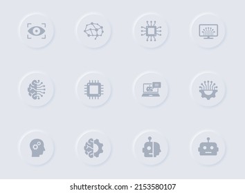 neural network gray glyph icons on round rubber buttons. neural network vector icons for web, mobile apps, ui design and promo business polygraphy