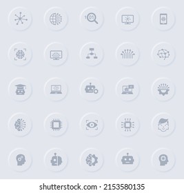 neural network gray glyph icons on round rubber buttons. neural network vector icons for web, mobile apps, ui design and promo business polygraphy