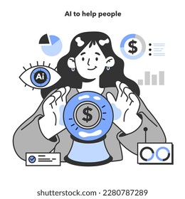 Red neuronal que ayuda a la gente a predecir los tipos de cambio, los precios, la producción y los volúmenes de ventas. Procesamiento de datos del sistema de computación de autoaprendizaje. Aprendizaje profundo de máquinas. Ilustración vectorial plana