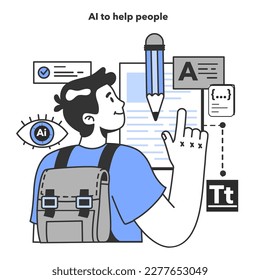 Neural network helping students with instant translation or text generation. Self-learning computing system processing text data. Modern deep machine learning technology. Flat vector illustration