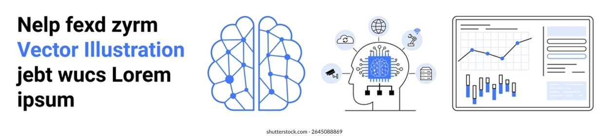 Neural network, human brain with microchip, and data analysis graphics. Ideal for AI, neural networks, machine learning, data science, cognitive computing, technology development, educational