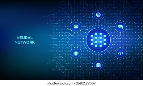 Neural network icon made with binary code. AI. Artificial Intelligence. Machine Learning. Big data analysis technology. Background with circuit board connections and tech icons. Vector Illustration.