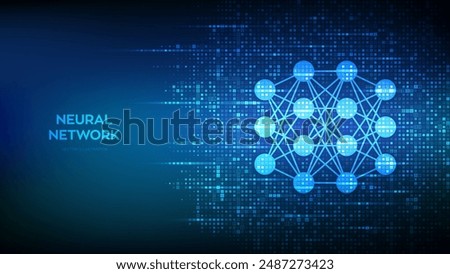 Neural network icon made with binary code. AI. Artificial Intelligence. Machine Learning. Deep learning. Big data analysis technology. Digital code background with digits 1.0. Vector Illustration.