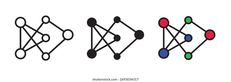 Neural network icon set in flat vector illustration, designed in outline, filled, and color style. Ideal for artificial intelligence, machine learning, data science, and technology design concepts.