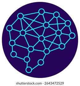 Ícone de rede neural. Pictograma vetorial com linhas finas sobre um fundo circular azul escuro. Cérebro estilizado feito de linhas e nós interconectados, representando inteligência artificial e redes de dados