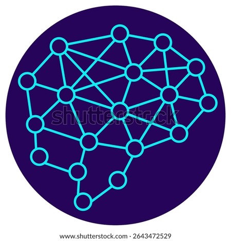 Neural network icon. Vector pictogram with thin lines on a dark blue circular background. Stylized brain made of interconnected nodes and lines, representing artificial intelligence and data networks