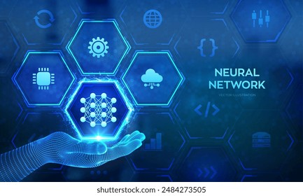 Neural network icon in wireframe hand. AI. Artificial Intelligence. Machine Learning. Deep learning. Big data analysis technology concept. Vector illustration.