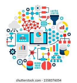 Neural Network Icons Circle. Vector Illustration of Technology Flat Objects isolated over White.