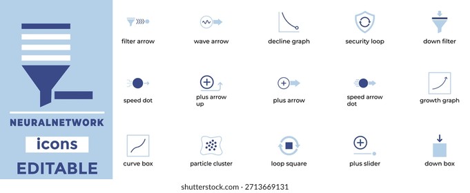 Neural Network Icons Pack: Filtros AI, Setas, Gráficos, Segurança, Partículas - Vetores editáveis