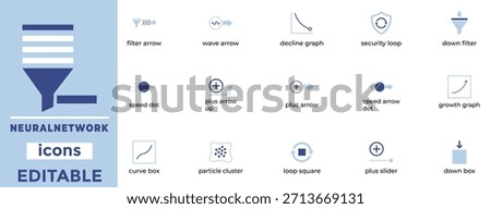 Neural Network Icons Pack: AI Filters, Arrows, Graphs, Security, Particles – Editable Vectors