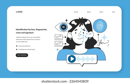 Neural network in identification by face, fingerprints, voice and signature. Self-learning computing system processing data. Modern deep machine learning technology. Flat vector illustration