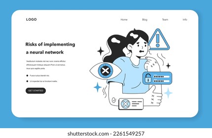 Neural network implementation risks web banner or landing page. Self-learning computing system processing different types of data. Modern deep machine learning technology. Flat vector illustration